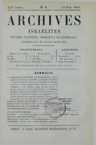 Archives israélites de France. Vol.30 N°06 (15 mars 1869)
